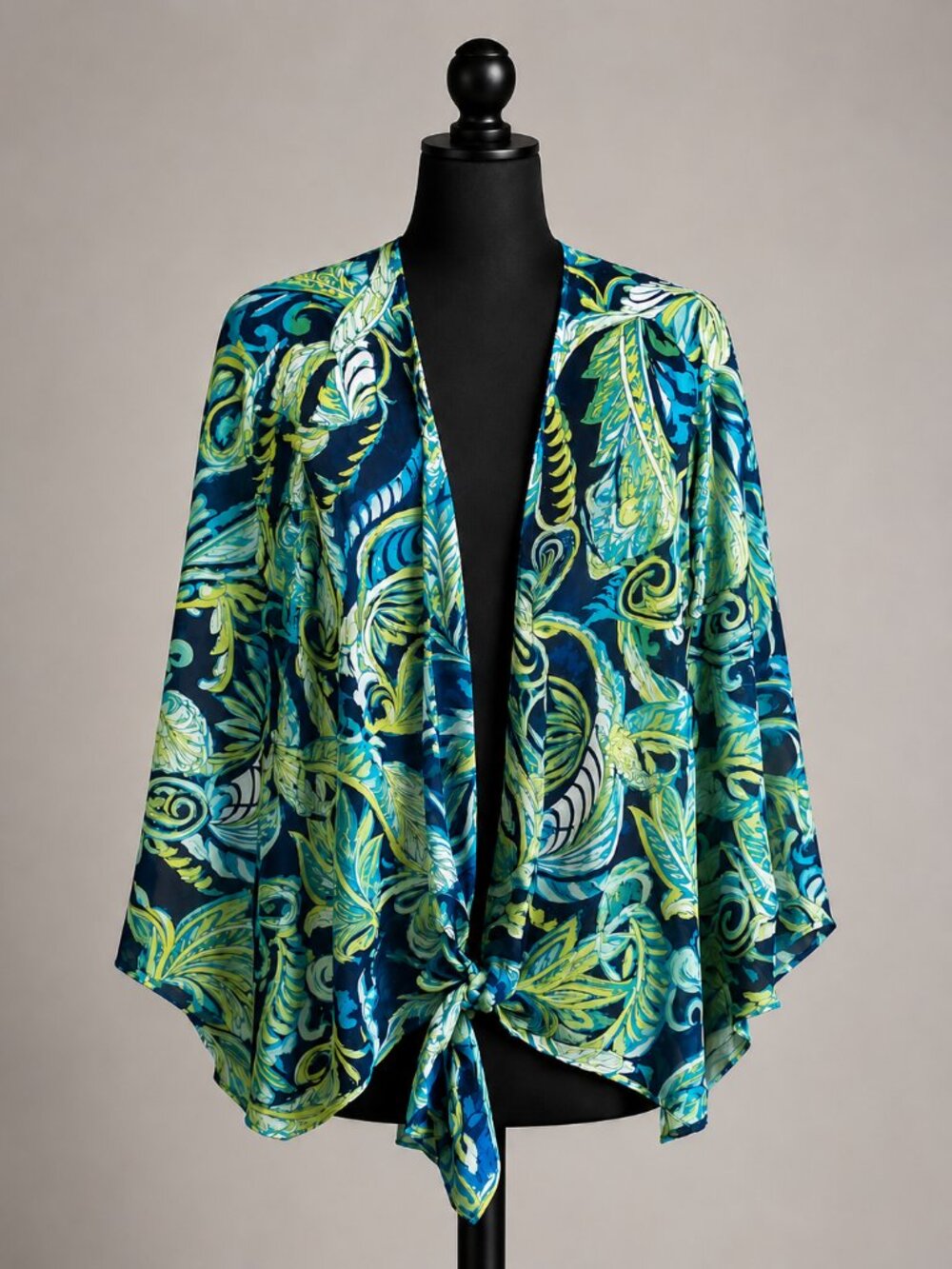 Soft Surroundings Silk Undercover Topper Kimono 3X Blue Green Paisley Tie Front